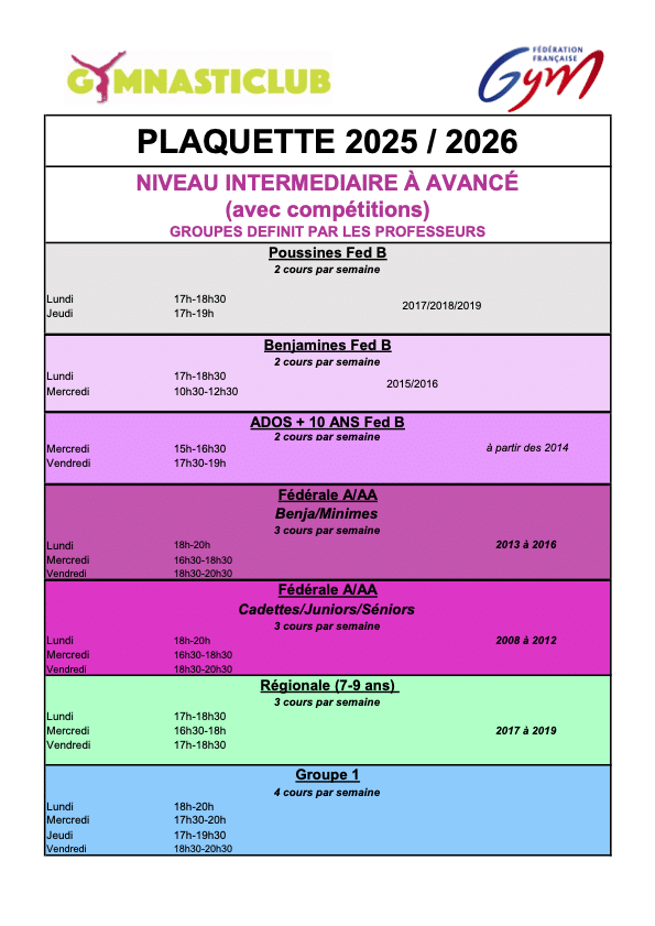 liste activités compétition saison 2025 2026 gymnasticlub gymnastique