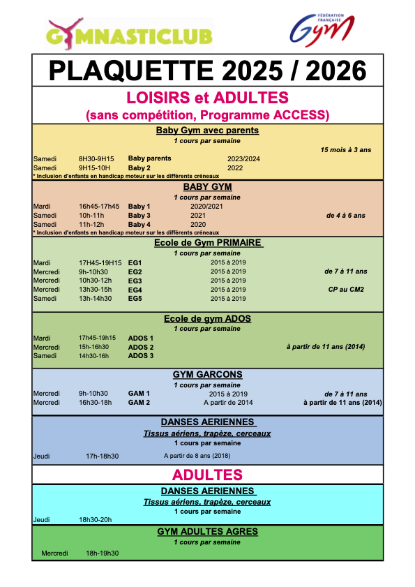 liste activités loisirs et adultes saison 2025 2026 gymnasticlub gymnastique