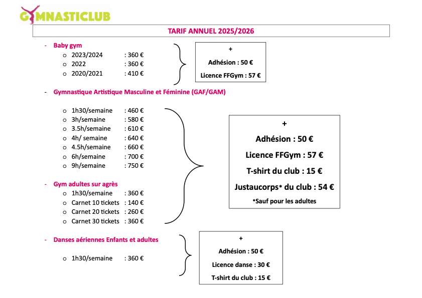 Tarifs Gymnasticlub saison 2025-2026 par activités