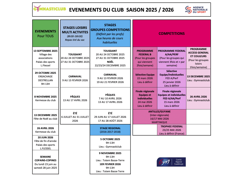 Agenda Evenements Gymnasticlub 2025-2026