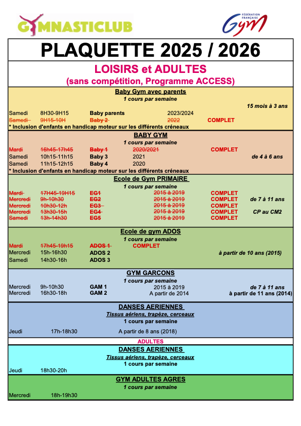 PLAQUETTE PLANNING COURS 2025-2026 GYMNASTICLUB COMPLET
